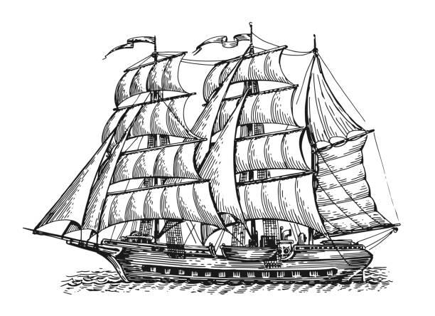 винтаж старого парусника на волнах эскиз. морской транспорт с парусами, изолированными на белом фоне в стиле гравировки - galleon stock illustrations