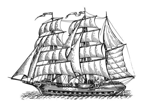Vintage old sailing ship on waves sketch. Sea transport with sails isolated on white background in engraving style