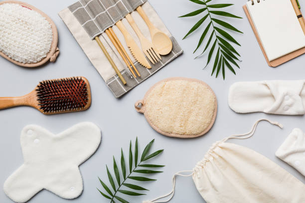 istock Zero waste concept. Eco-friendly home daily accessories. top view 1407001377