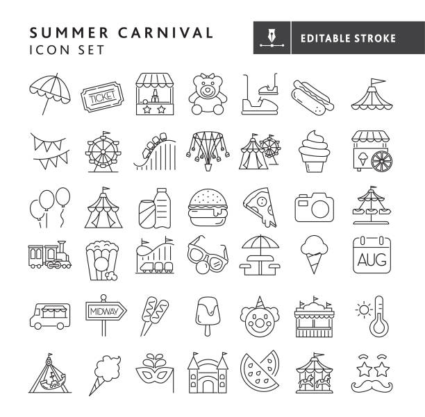 Summer Carnival with Ferris wheel, carnival tent and balloon elements thin line Icon set - editable stroke Vector illustration of black and white Summer Carnival party with Ferris wheel, carnival tent and balloon elements. Fully editable stroke outline for easy editing. Simple set that includes vector eps and high resolution jpg in download. entertainment tent illustrations stock illustrations