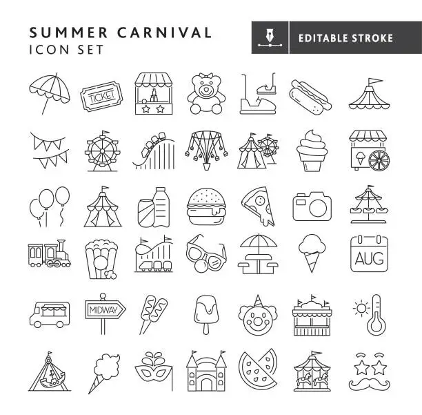 Vector illustration of Summer Carnival with Ferris wheel, carnival tent and balloon elements thin line Icon set - editable stroke