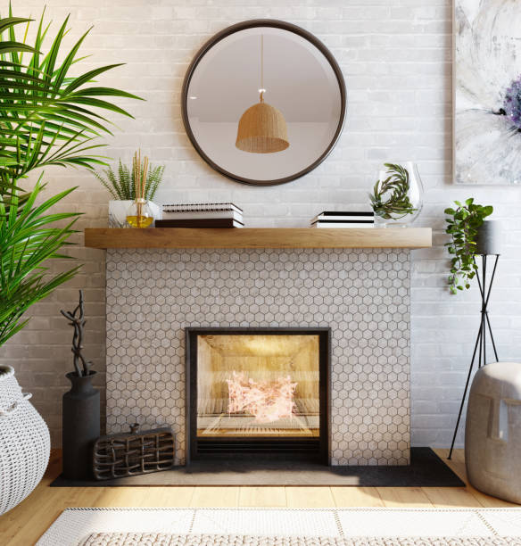 3d render. The fireplace is lined with hexagonal tiles in the interior. 3d render The fireplace is lined with hexagonal tiles in the interior. 3d render fireplace stock pictures, royalty-free photos & images