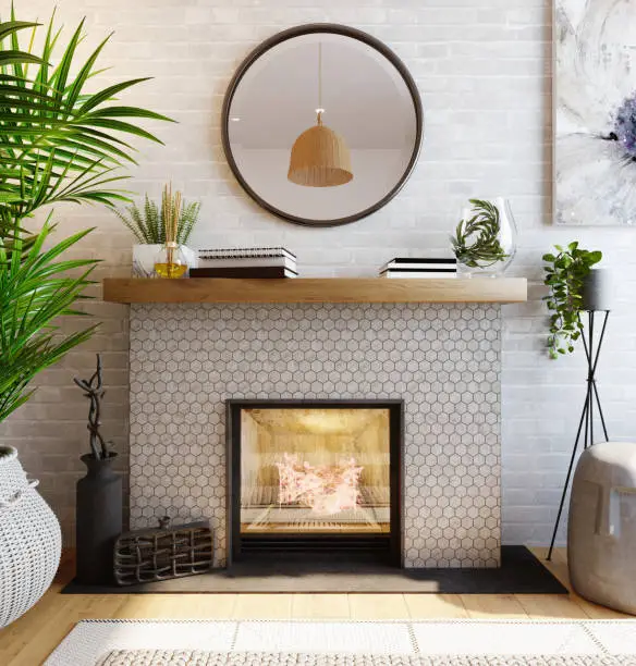 The fireplace is lined with hexagonal tiles in the interior. 3d render