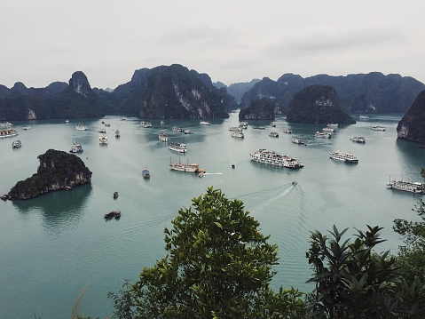 Ha Long, Vietnam - March 25, 2019: Aerial view over Halong Bay from the Cannon Fort viewpoint on Cát Bà Island. Processed with VSCO with av4 preset
