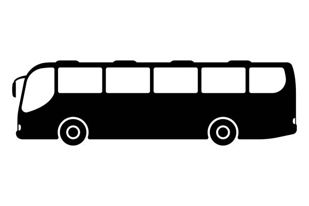 большая икона пассажирского туристического автобуса. черный силуэт. вид сбоку. векторная простая плоская графическая иллюстрация. изолиро - coach bus illustrations stock illustrations