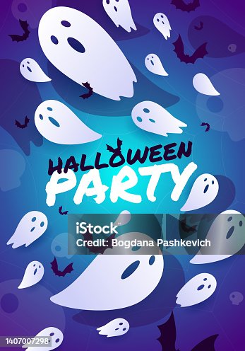 istock Scary halloween poster. Illustration with flying ghosts and bats on a bright background with halloween party text. Template for website, mailing or advertisement. 1407007298