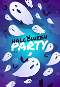 istock Scary halloween poster. Illustration with flying ghosts and bats on a bright background with halloween party text. Template for website, mailing or advertisement. 1407007298
