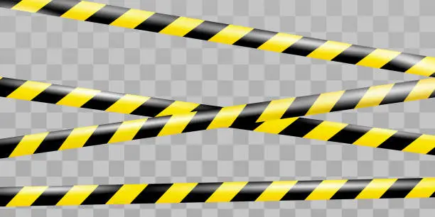 Vector illustration of Realistic crossing caution tape of warning signs for crime scene or construction area in yellow. Police line and do not cross ribbon. Warning danger tape. Ribbons for accident, under construction
