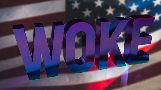 woke  text on America flag  background 3d rendering