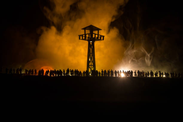 istock Creative artwork decoration war on Ukraine. Crowd looking on giant explosion and attacking soldiers. 1407008602
