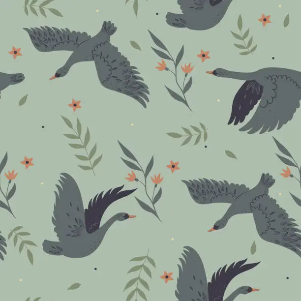 Vector illustration of Seamless pattern with flying swans and flowers. Vector graphics.