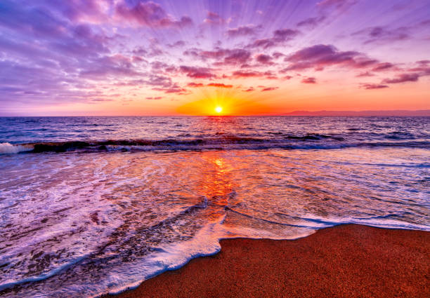Sunset Ocean Inspirational Nature Landscape Sun Rays stock photo