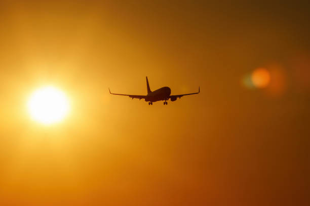 istock Airplane silhouette in sunset orange sky. 1407011797