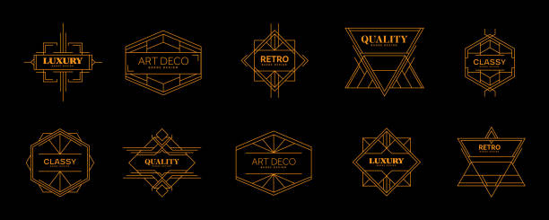 Set of Art deco badge design template in luxury design style. Minimalist gold art deco vintage logo design 1930s style stock illustrations