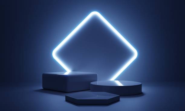 istock Cyberpunk blue empty podium with glowing lamp frame in the dark for product presentation. Technology and Sci-fi concept. 3D illustration rendering 1407018279