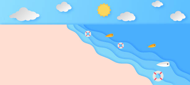 istock Abstract blue sea and beach summer background with paper waves and seacoast for banner, invitation, poster or web site design. Paper cut style. Vector illustration 1407023644