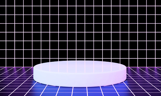 3d background, white cylinder podium stand in the black wall tile and purple floor tile for display of product or cosmetic. 90s retro style background