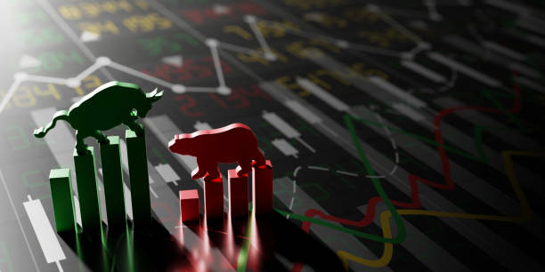 renderizado 3d del mercado de valores alcista y bajista - stock market bull bull market bear fotografías e imágenes de stock