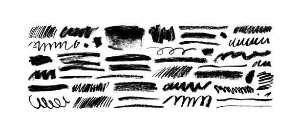 kohlestift lockige linien und schnörkel, breite striche. - scribble inks on paper black art stock-grafiken, -clipart, -cartoons und -symbole