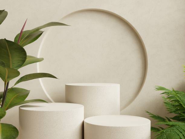 istock Three circle podium for product presentation on cream color background. 1407030929