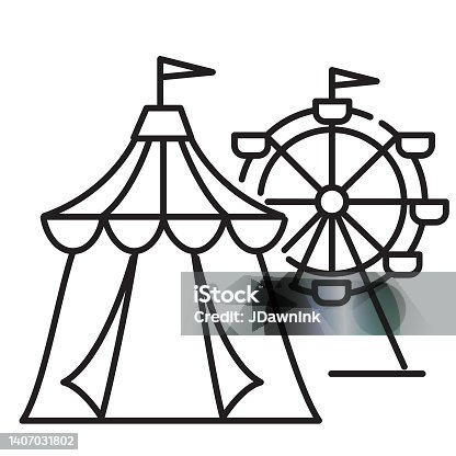 istock Summer Carnival big top circus tent and Ferris wheel thin line Icon - editable stroke on white background 1407031802