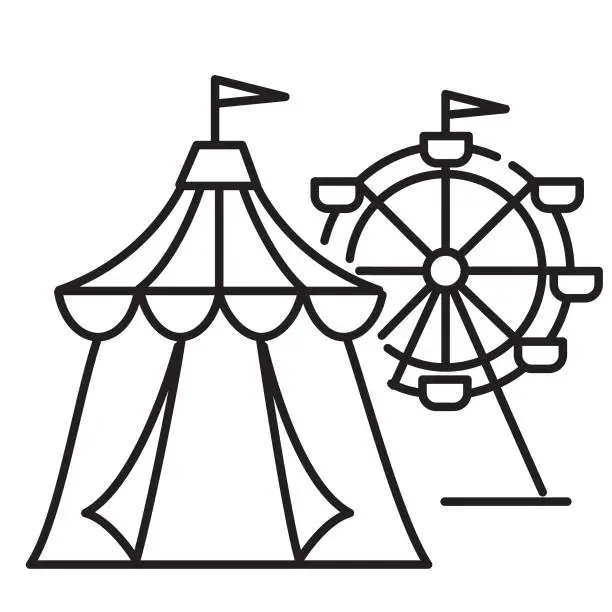 Vector illustration of Summer Carnival big top circus tent and Ferris wheel thin line Icon - editable stroke on white background