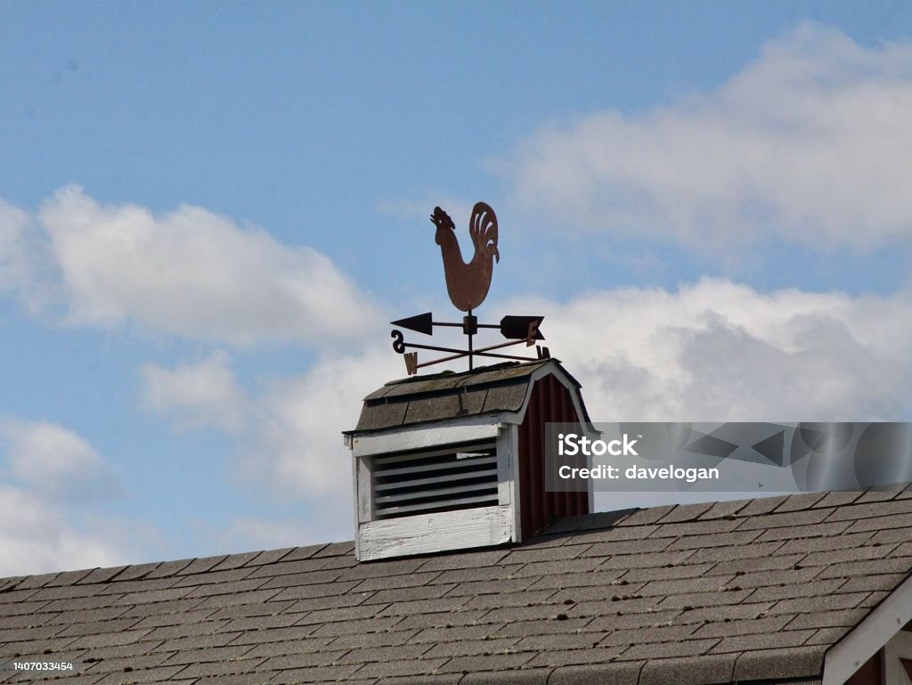Rooster Weather Vane Rooster weather vane on top of a barn Barn Stock Photo