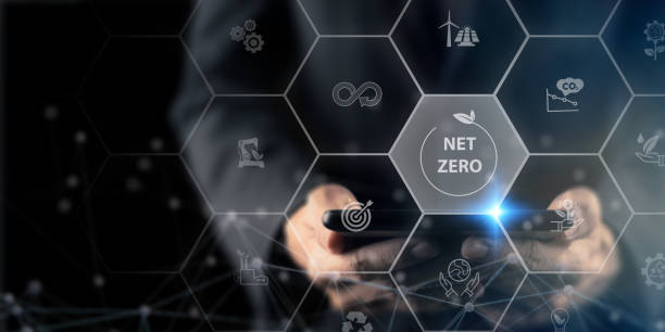 istock Net zero and carbon neutral concept. Net zero greenhouse gas emissions target. Climate neutral long term strategy. Businessman showing net zero on tablet with decarbonization icon on smart background. 1407037743
