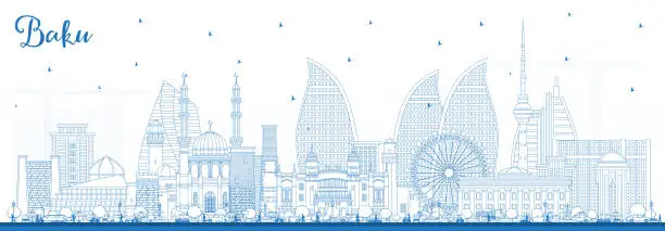Vector illustration of Outline Baku Azerbaijan City Skyline with Blue Buildings.