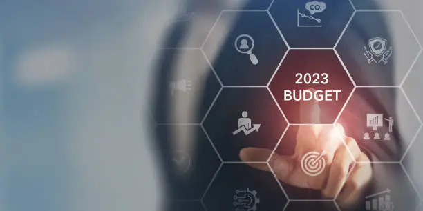 Photo of 2023 Budget planning and management concept. Company budget allocation for business or project management. Effective and smart budgeting. Plan, review, approve, allocate, analyze and optimize budgets.