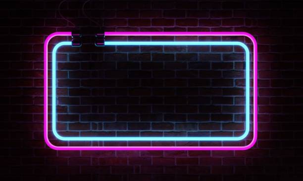 istock Neon sign banner with copy space on brick wall background. Abstract art and object concept. 3D illustration rendering 1407039285