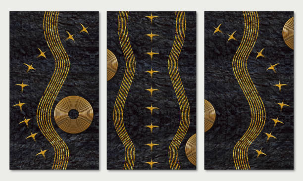 istock 3d wall canvas art decor. golden lines, circles and birds in black backround. 1407040280