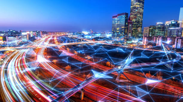 istock Rush hour fast car moving night city ,Fast moving traffic drives moving fast light each effect line light cg time lapse 1407042477