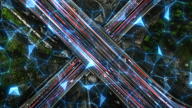 istock Rush hour fast car moving night city ,Fast moving traffic drives moving fast light each effect line light cg time lapse 1407042478