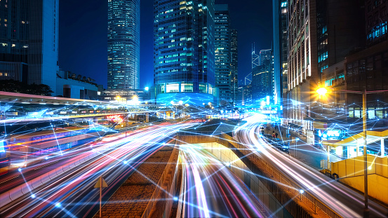 Rush hour traffic fast moving hyper lapse at night overhead of busy intersection traffic at night moving fast light road lane effect line light cg