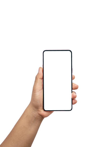 istock White screen phone held in left hand isolated on white background with the clipping path. 1407043694
