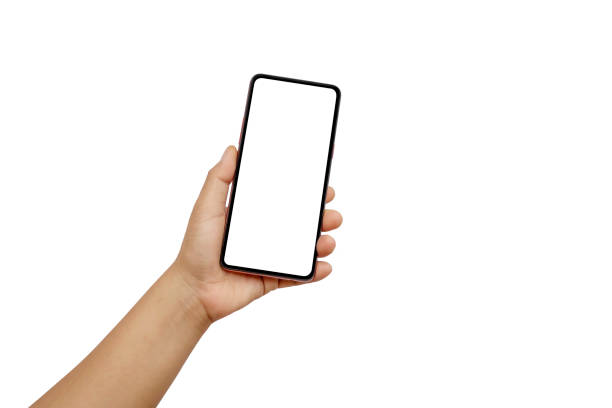 istock White screen phone held in left hand isolated on white background with the clipping path. 1407043725