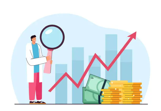 Vector illustration of Doctor standing next to statistics with upward arrow