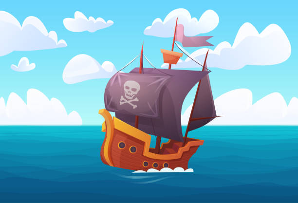 Fantasy adventure of wooden ship with pirate flag in sea harbor, galleon in sea landscape Fantasy adventure of wooden ship with pirate flag in sea harbor vector illustration. Cartoon sea landscape with buccaneers old galleon travel, search of golden treasure by corsairs background old ship cartoon stock illustrations