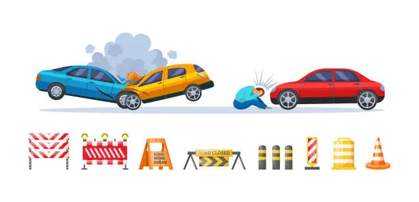 Vector illustration of Set of road traffic accidents and traffic barriers. Accident scenes with damaged transport vehicles and male pedestrian knocked down by car.