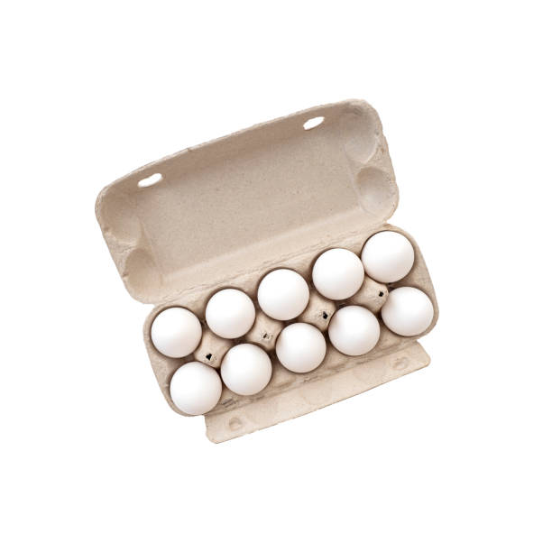 istock Ten chicken eggs in cardboard container, package isolated on white, top view 1407049116