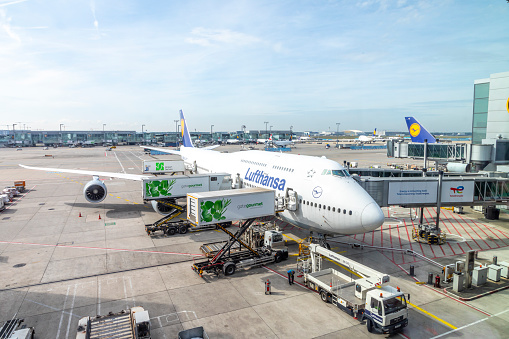 Frankfurt, Germany - May 17, 2022: lufthansa aircraft at the gate in Frankfurt.