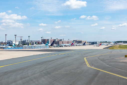 Frankfurt, Germany - May 17, 2022: aircraft at terminal 2 at Frankfurt airport.