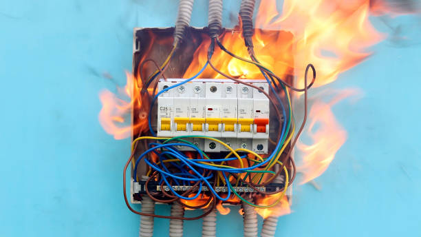 cablaggio difettoso derivante da incendio elettrico da cortocircuito. - electricity fire circuit board short foto e immagini stock