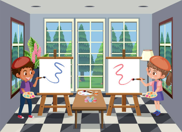 キャンバスに絵を描く子供たちの部屋のシーン - artists canvas indoors childhood small点のイラスト素材／クリップアート素材／マンガ素材／アイコン素材
