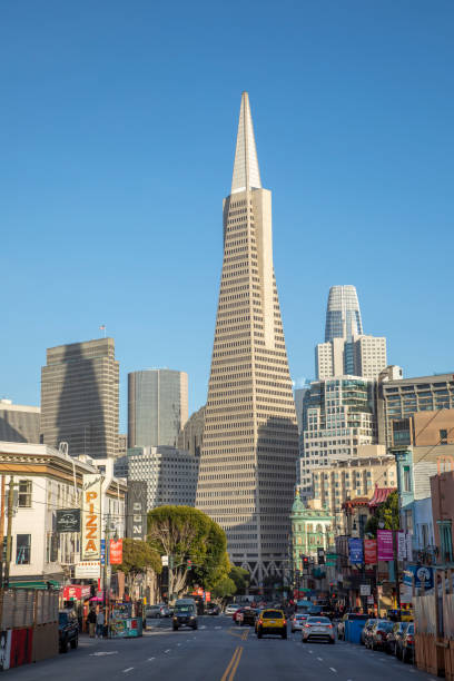 San Francisco, USA - May 18, 2022:  downtown view to Transamerica building in San Francisco under clear blue sky.