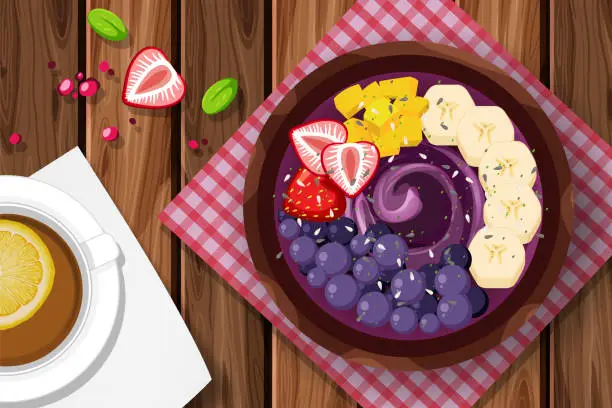Vector illustration of Top view Acai food bowl and placemat on wood table