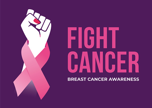 Breast cancer awareness month campaign poster with hands fist protesting. Stock illustration