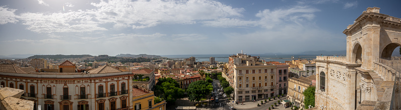 Panoramic View of the CIty of Cagliari in a Sunny Day on Partially Cloudy Sky Background