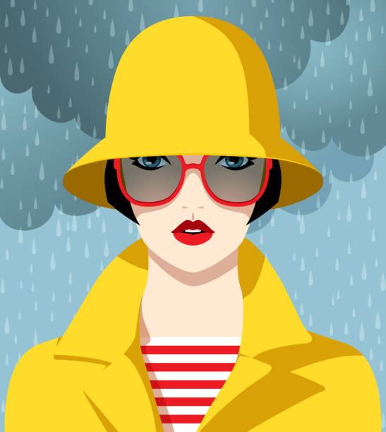 stockillustraties, clipart, cartoons en iconen met beautiful woman wearing yellow raincoat and hat outside in the rain - herfst vrouw
